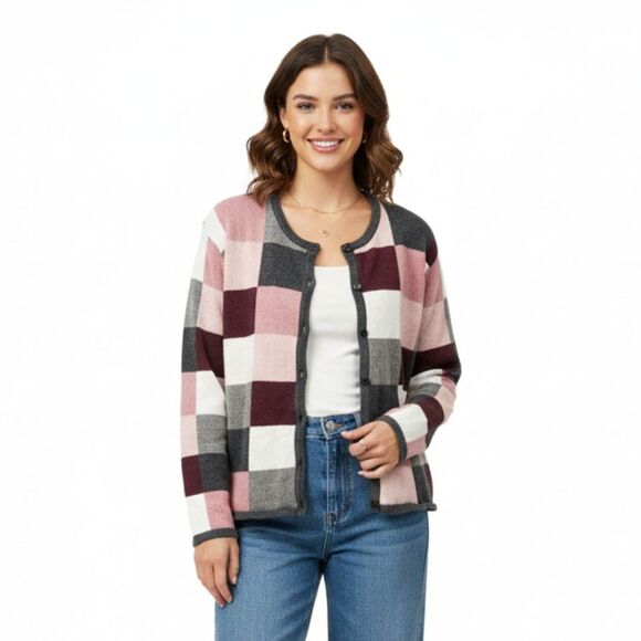 Vintage Sweater Cardigan Cotton Pink Gray Button Up Chunky Knit Women sz XL - Picture 1 of 9